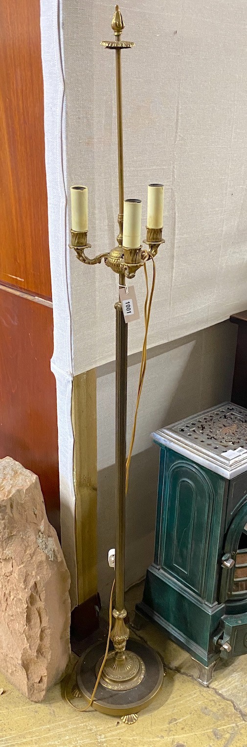 An Empire style gilt metal three branch standard lamp, height 165cm